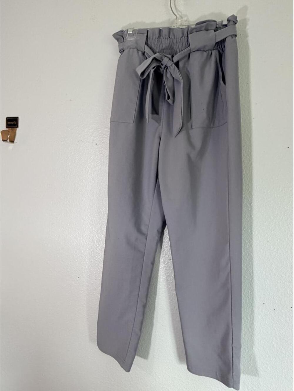 Paperbag Waist Trousers Light Gray Tie Belt Tapered Ankle Pockets Size L